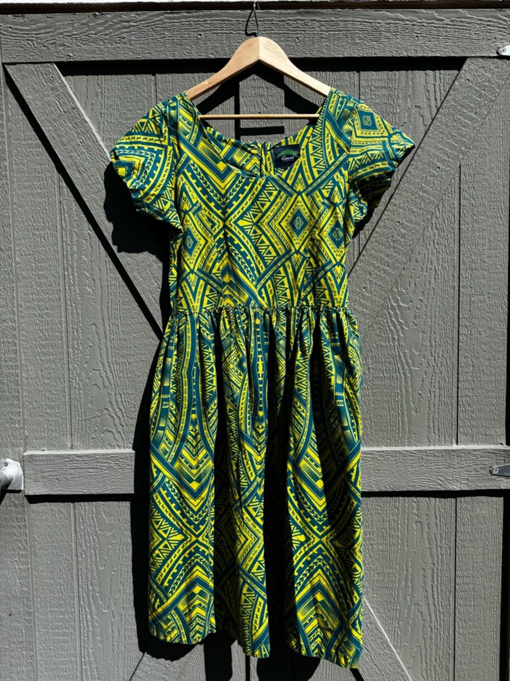 Vintage Green & Yellow Geometric Fit-and-Flare Dress size 14 (Medium)